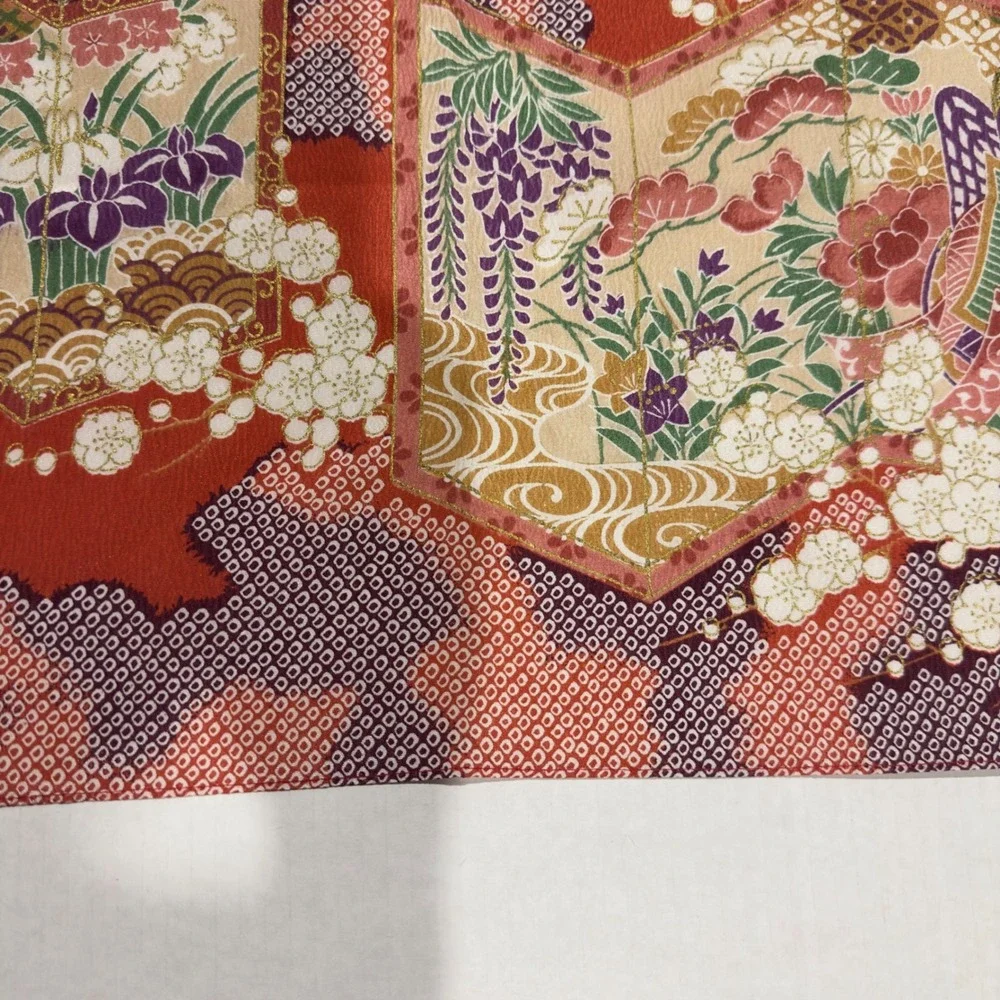 Vintage Japanese Furoshiki Wrapping Cloth Orange Red Floral Screen Shibori 28in